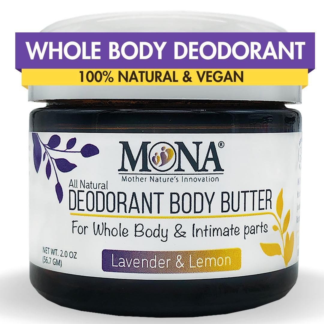 MONA BRANDS All Natural Deodorant Body Butter for Whole Body & Intimate Parts | Deodorant Cream for Women, Men, and Teens | Aluminum Free | Lavender & Lemon 2 oz