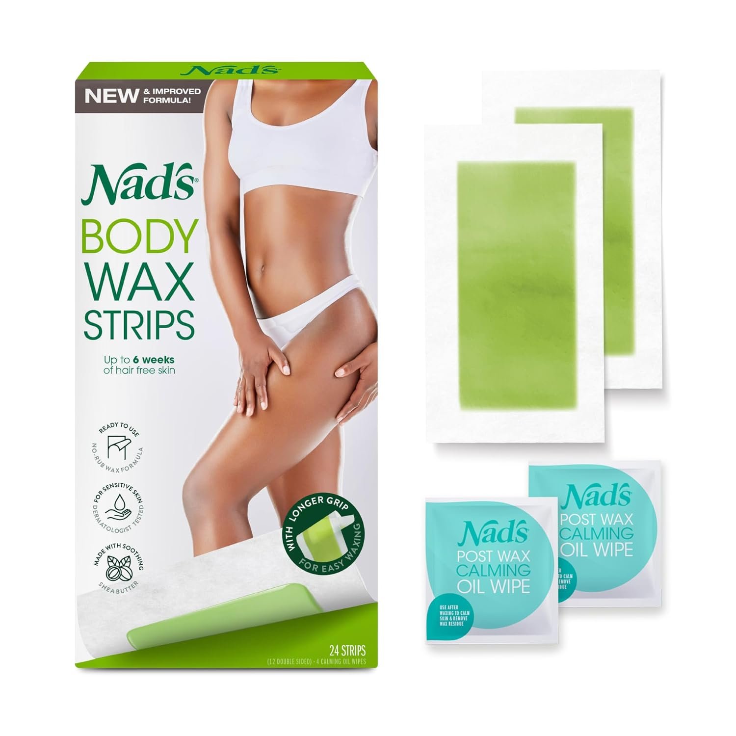 Nad's Body Wax Strips Hair Removal For Women At Home plus 4 Calming Oil Wipes, 24 Count